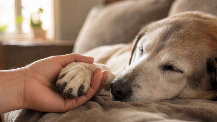 Main posée sur la patte d'un chien âgé